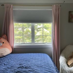 Baby pink 2 curtain panels, 2 pillows and 2 3x5 rugs. All in pink.